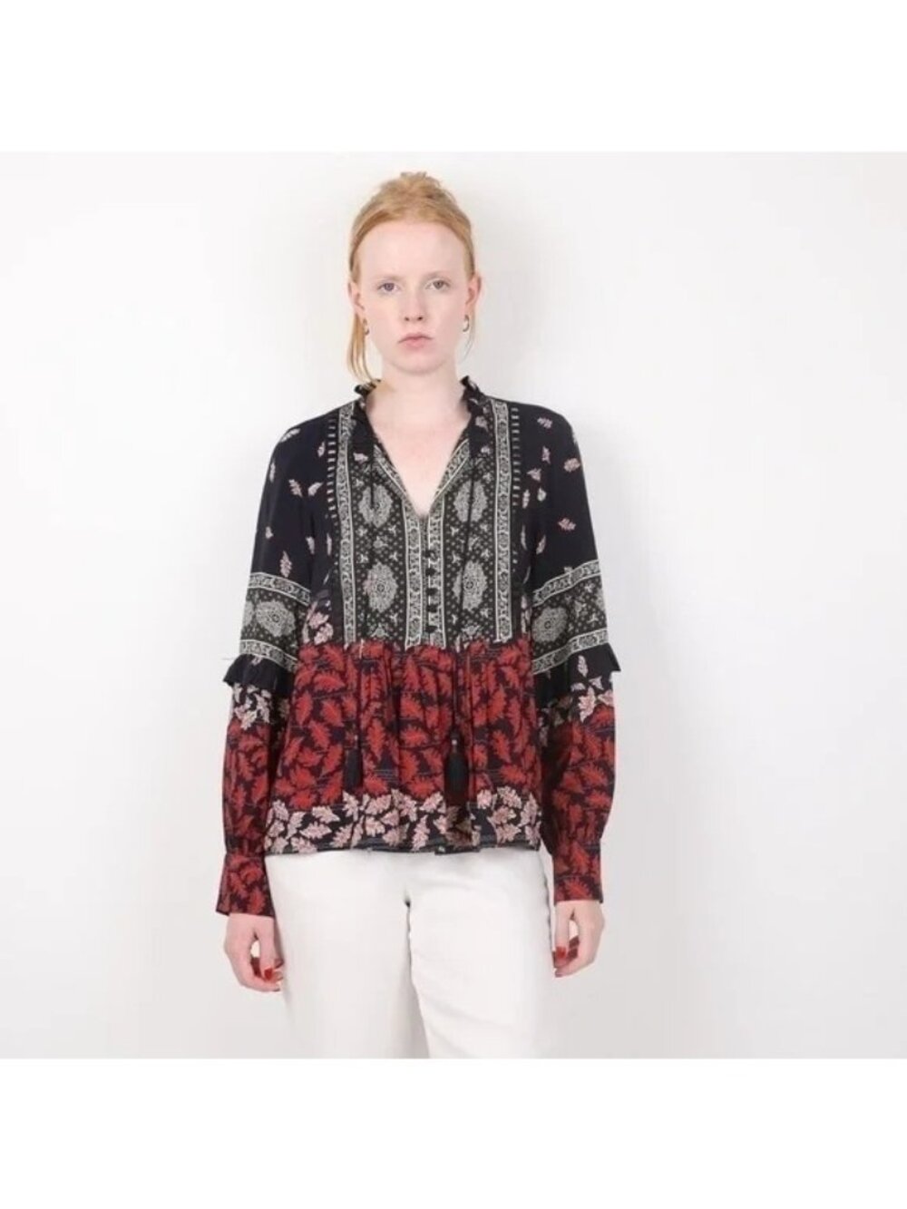 Sea New York Eloise Ruffled Printed Silk Crepe de Chine Blouse Size 6